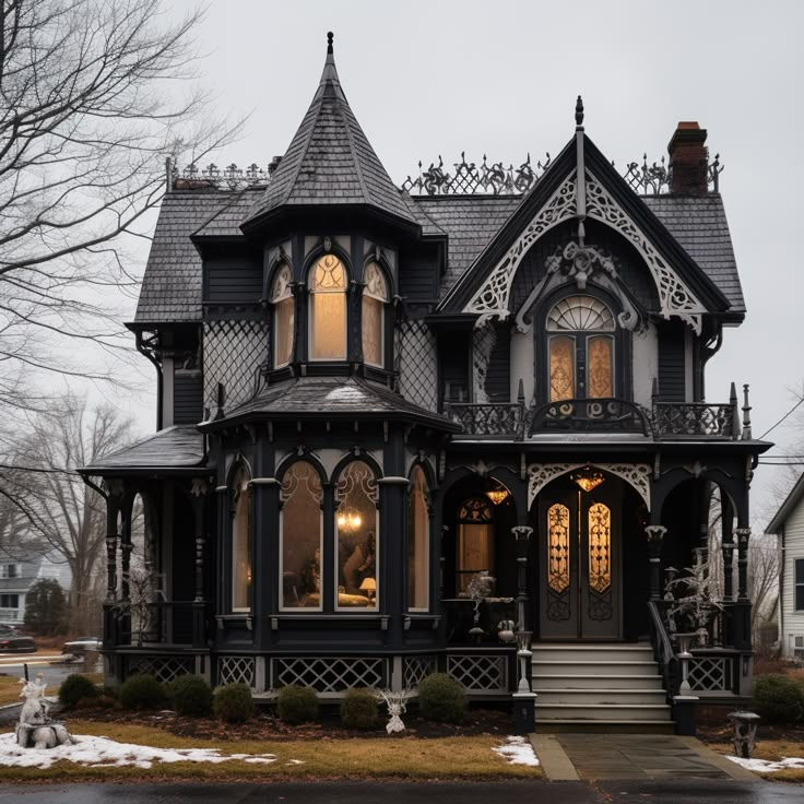 an old victorian style house is decorated in black and white with ornate trimmings