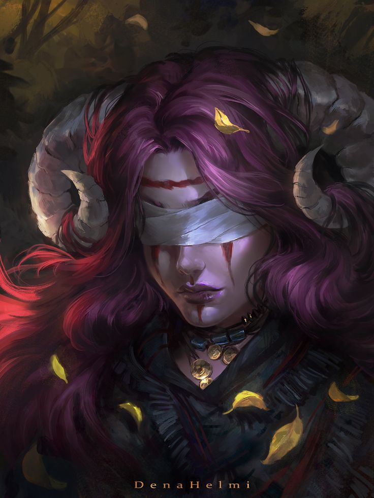 a woman with purple hair and horns on her head, wearing an evil look to the side