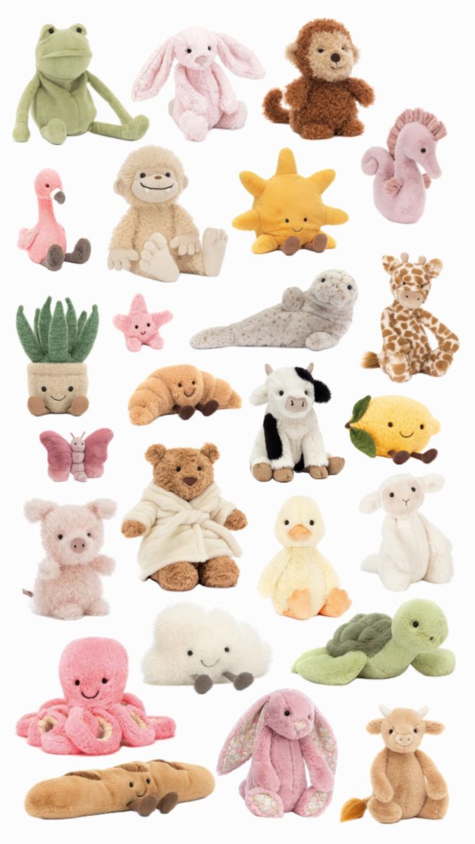 many different stuffed animals are arranged together