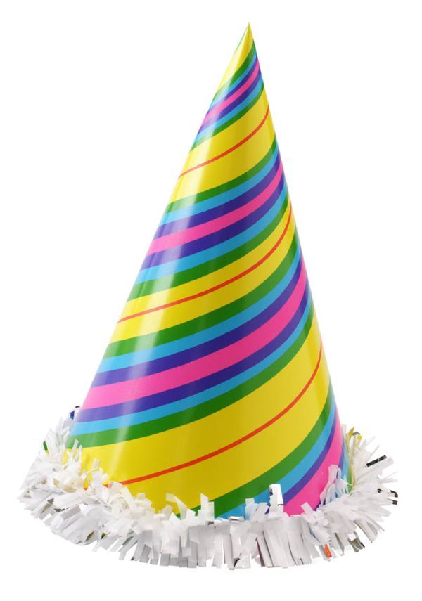 a colorful party hat with fringes and streamers