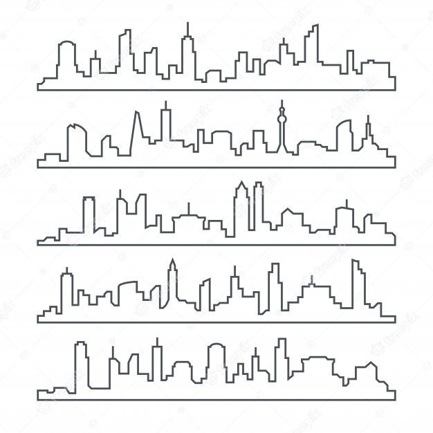 a line drawing of city skylines in different sizes and colors, each with their own name