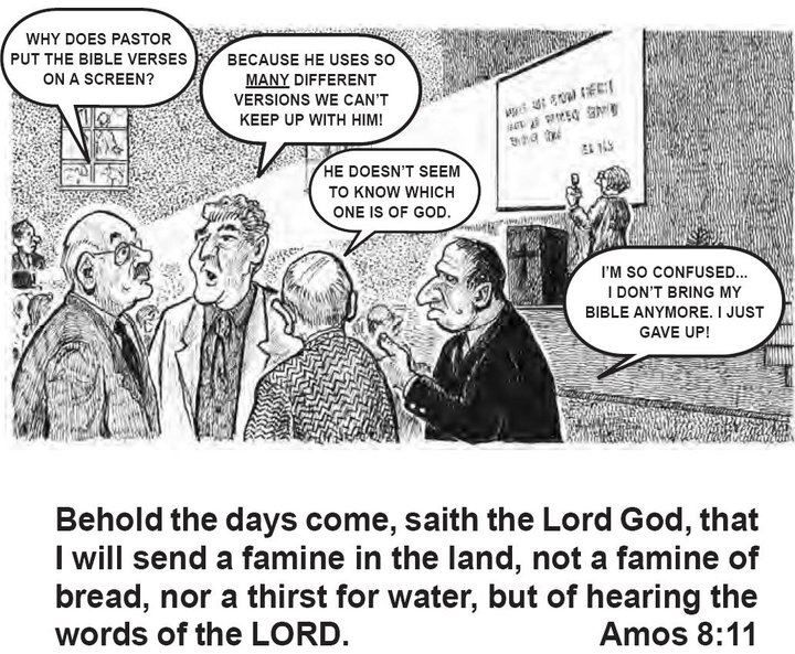 a cartoon depicting two men talking to each other in front of a sign that reads behold the days come, satin the lord, that will send a tamine in the land, not