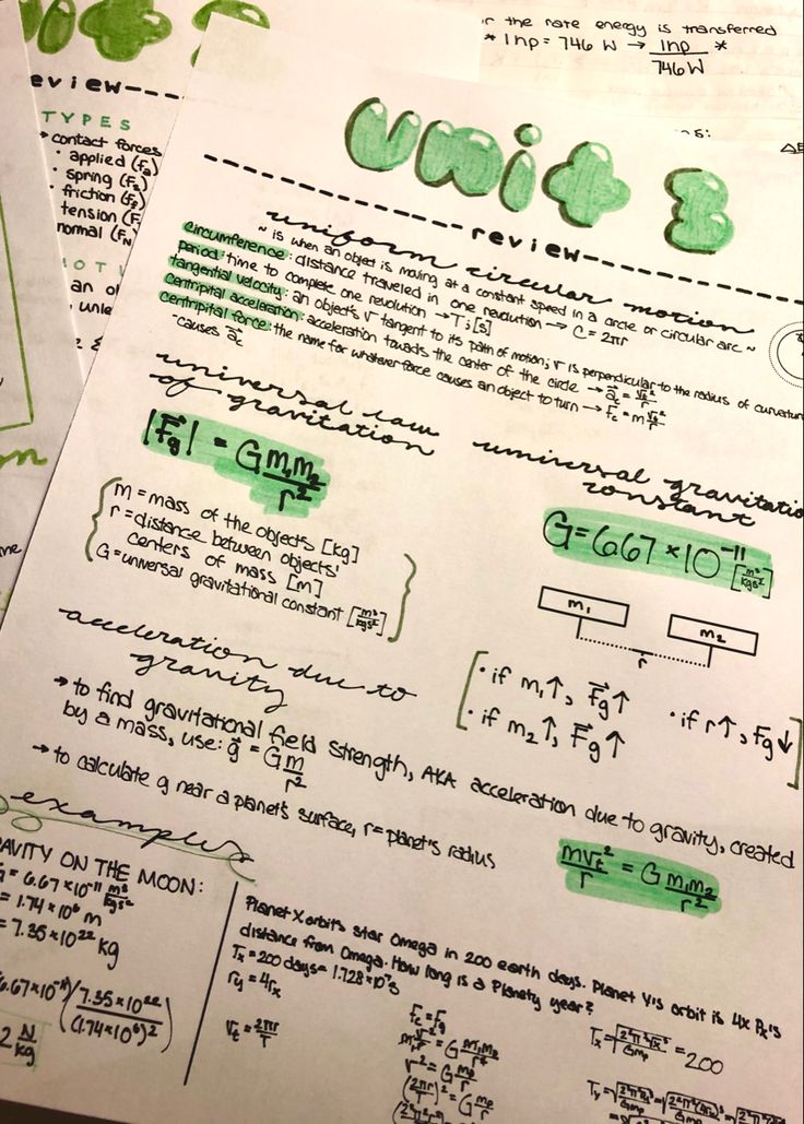 some papers with green ink on them