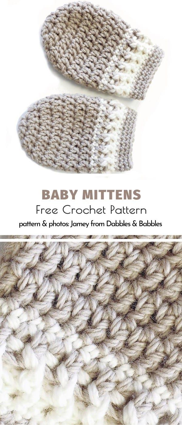 two crocheted mittens are shown with text that reads, baby mittens free crochet pattern