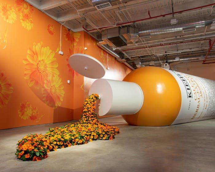 an orange and white object in the middle of a room with flowers on the floor