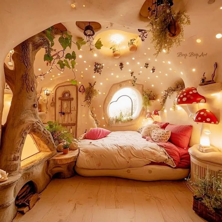 the bedroom is decorated with fairy lights and plants on the walls, along with an arched window