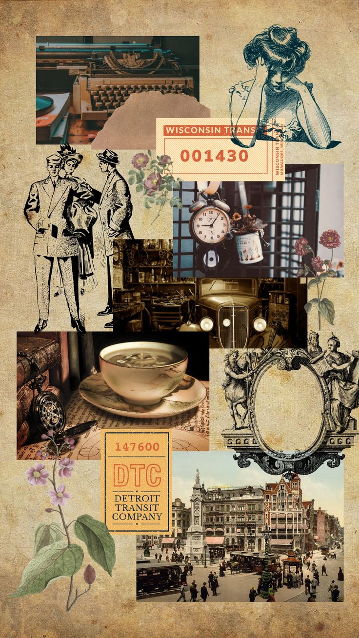 an old fashioned collage with pictures and words on it, including a man in top hat