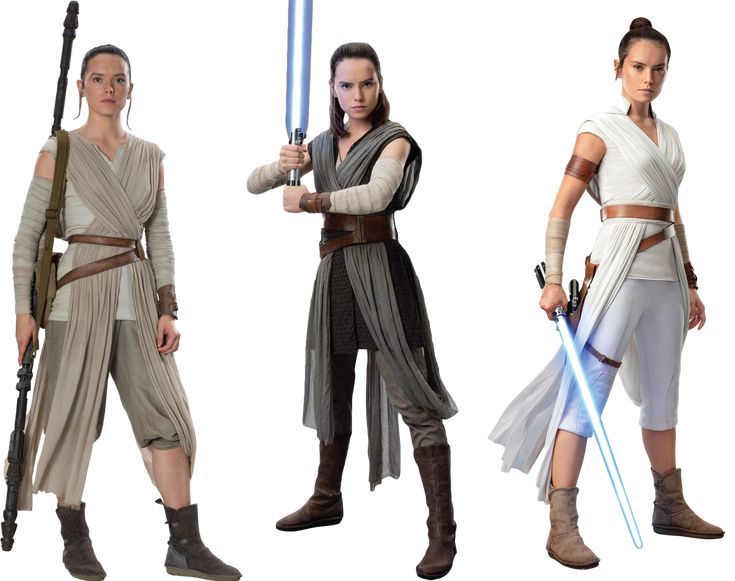 three women dressed in star wars outfits, one with lightsabens and the other with swords