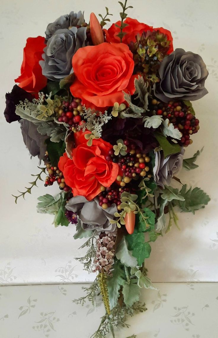 Artificial flowers Shower Bridal Bouquet. Burnt Orange, grey and plum roses, grey foliage and berries Autumn Bridal Bouquet, Rose Buttonhole, Silk Flower Bridal Bouquet, Flower Girl Wand, Artificial Wedding Flowers, Autumn Bridal, Flower House, Shower Style, Bridal Bouquet Fall