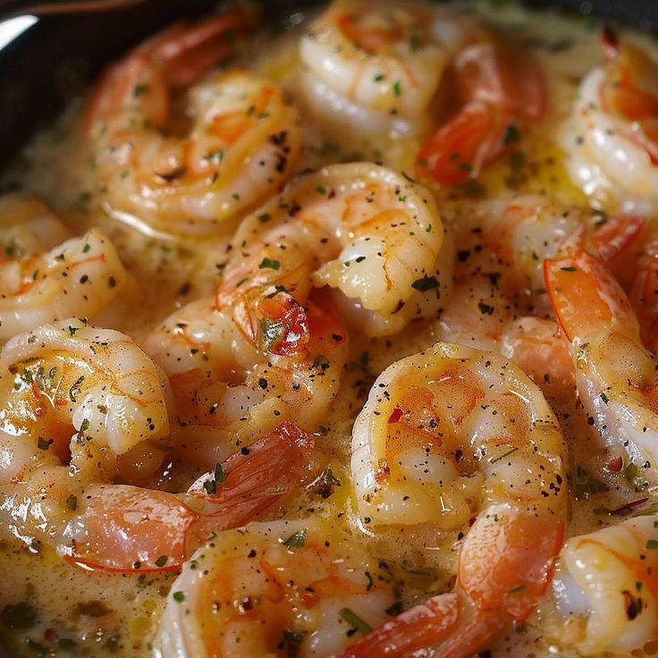 a skillet filled with cooked shrimp and garnished with seasoning sprinkles