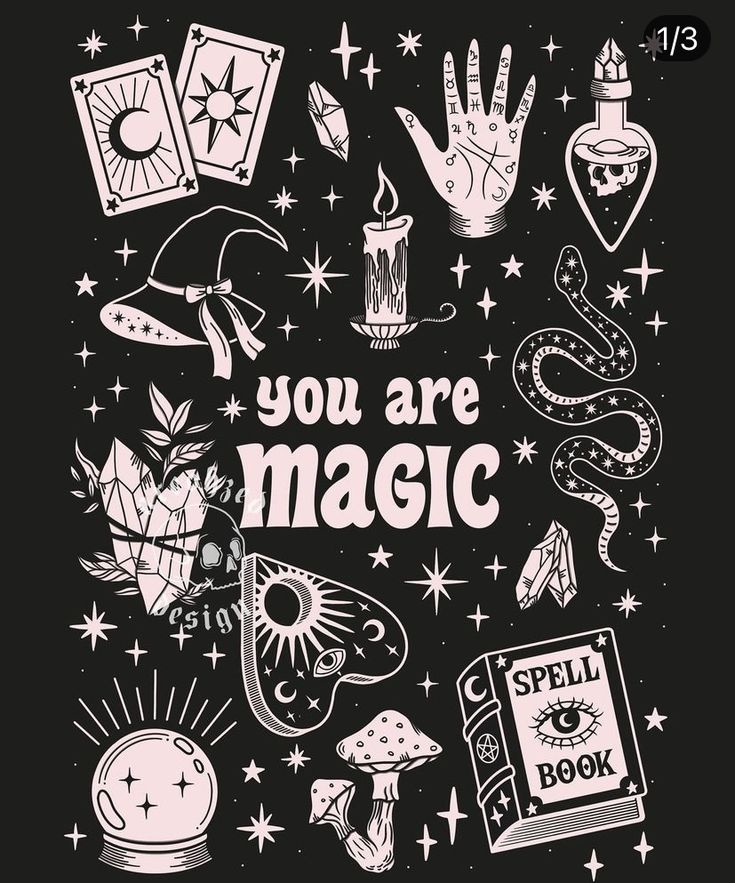 the words you are magic surrounded by doodles and hand drawn objects on a black background