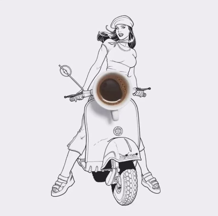 a drawing of a woman on a scooter with a cup of coffee