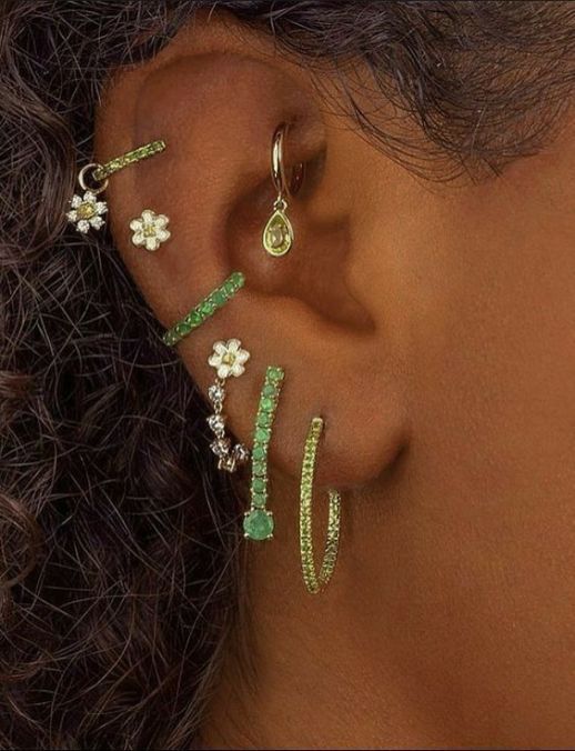 a close up of a person's ear with three different types of piercings