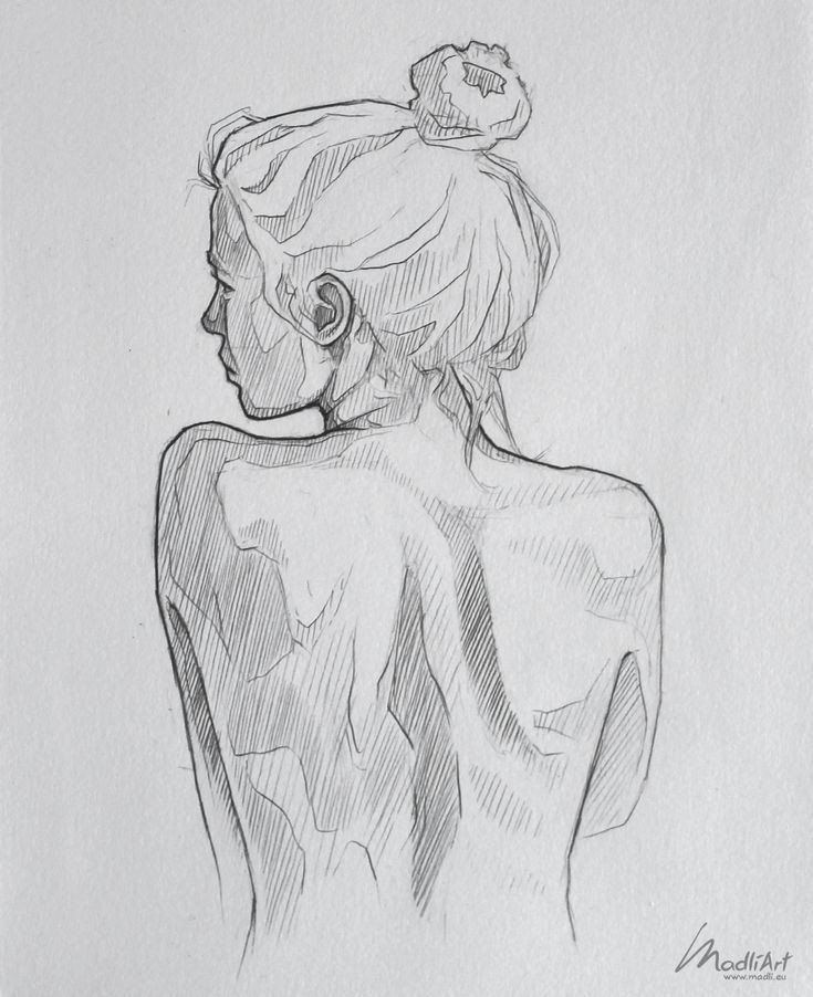 a drawing of a woman's back with her hair in buns and an ear ring