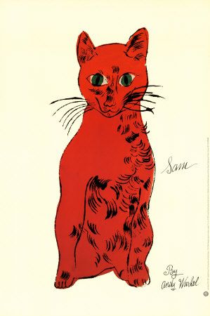 a drawing of a red cat with black spots