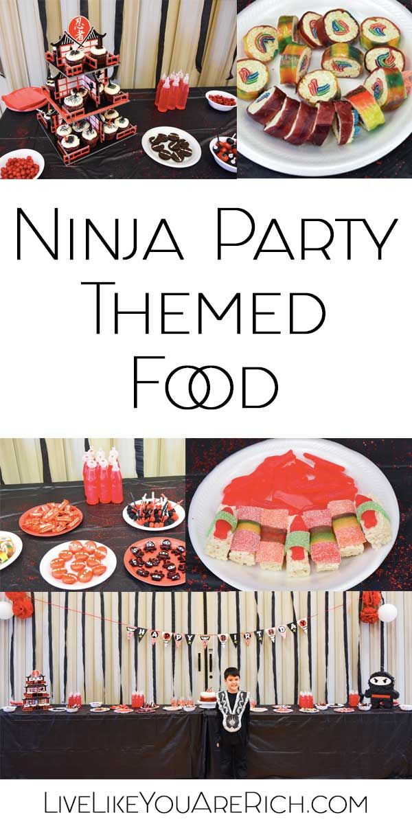 a table filled with food and desserts next to tall white pillars that read, ninja party themed food