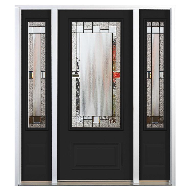 a black front door with two sidelights and stained glass panels on the top half