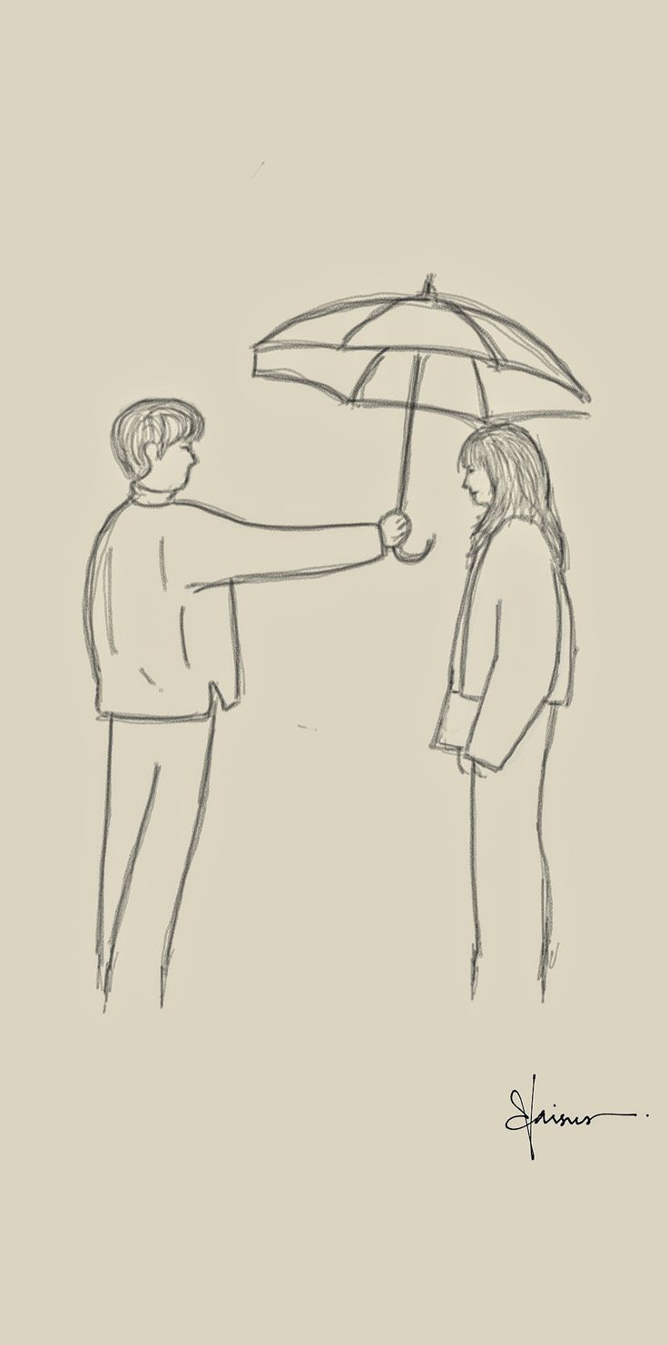 a drawing of two people holding an umbrella over each other's head, with one person facing the other