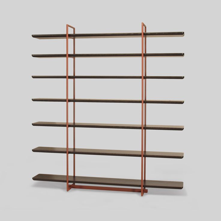 a book shelf with several shelves on each side and two metal bars at the top