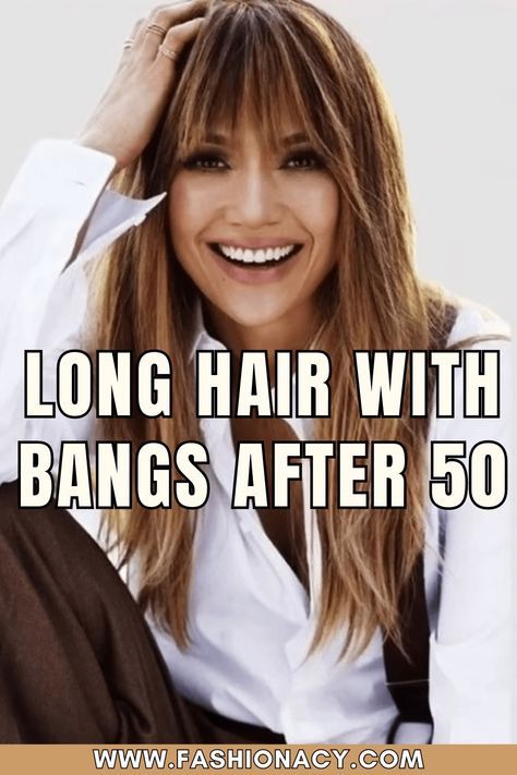 Brunette With Bangs Long, Long Layered Haircuts Over 50, Long Layer With Bangs Haircut, Adding Bangs To Long Hair, Hairstyles For Medium Length Hair Over 50 Bangs Long Layered, Layered With Bangs Long Hair, Sophisticated Long Hairstyles, Long Hair Styles With Layers For Over 50 With Bangs, Bangs For 40+