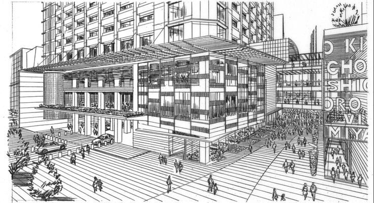 a black and white drawing of a building with lots of people walking around the outside