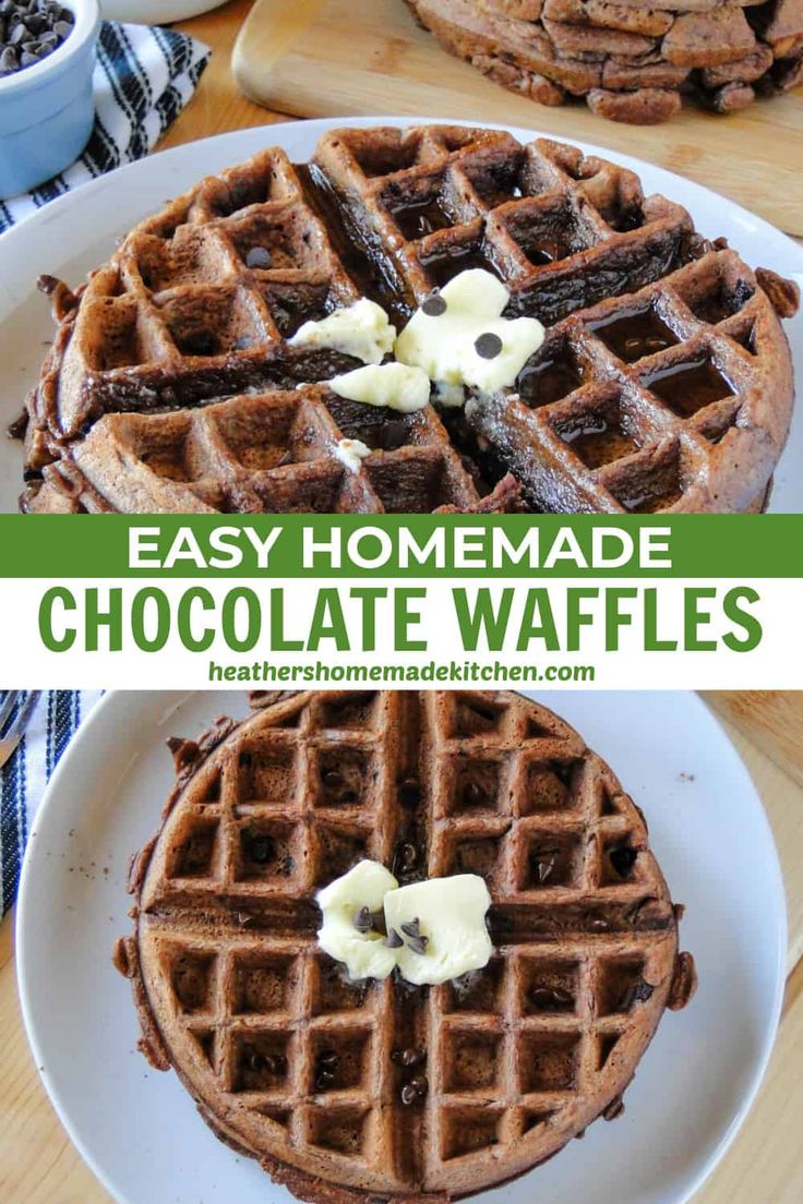 homemade chocolate waffles on a white plate with text overlay that reads easy homemade chocolate waffles