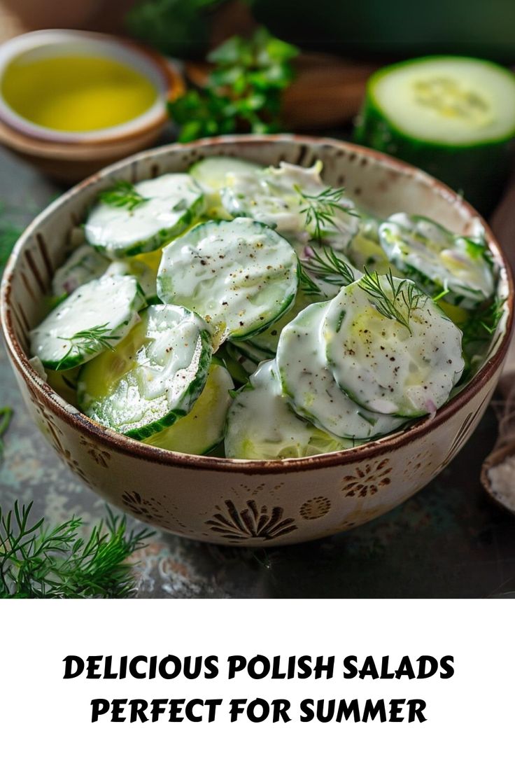 a bowl filled with cucumbers and herbs next to some other food on a table