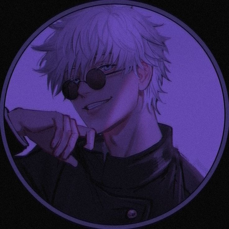 an anime character with white hair and glasses in a purple circle, looking at the camera