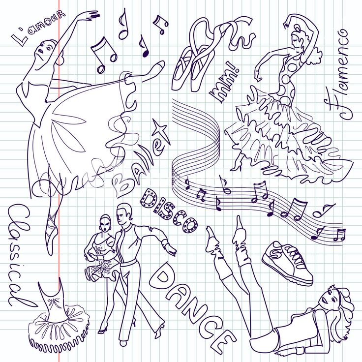 various hand drawn doodles on lined paper with musical instruments and dancing people in the background