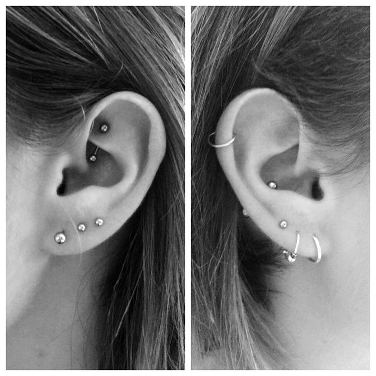 two pictures of the same ear with different piercings on each side and one in the middle