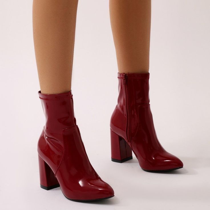 Ankle Boots With Heels, Red Heel Outfit, Red Boots Aesthetic, Dark Red Clothes, Cute Red Shoes, Red Heeled Boots, Dark Red Heels, Dark Red Shoes, Dark Red Boots