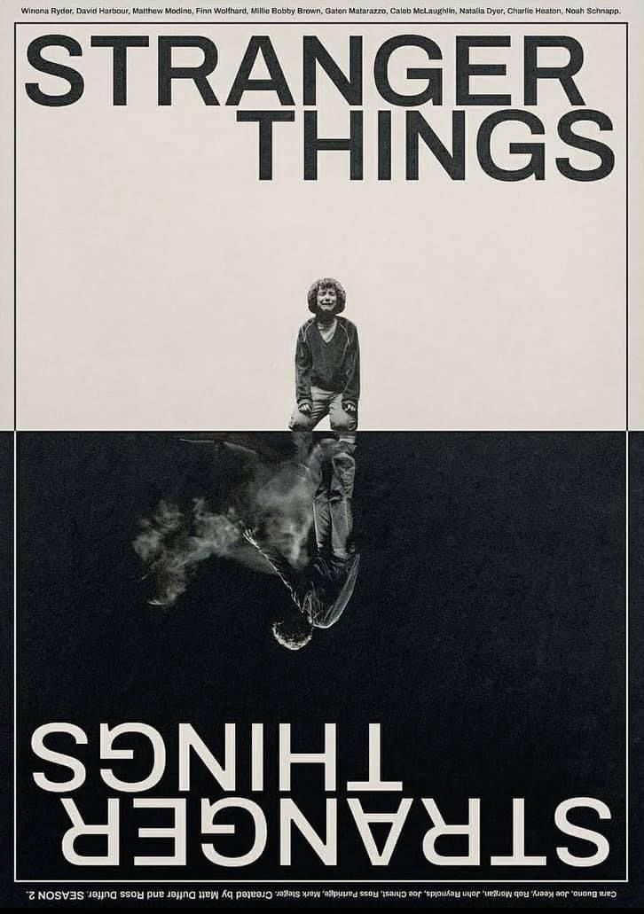 a man standing on top of a black and white poster with the words strange things