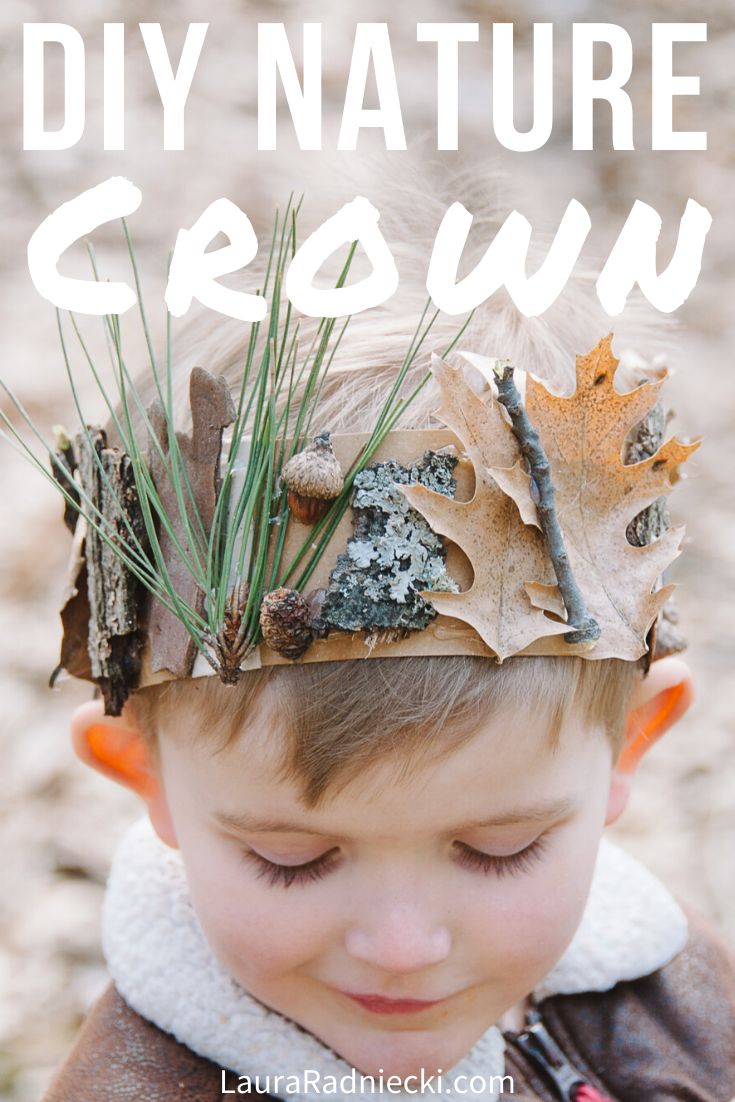 a young boy wearing a leaf crown with the words diy nature grown on it