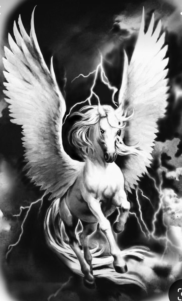 a black and white drawing of a horse with wings on it's back, surrounded by lightning