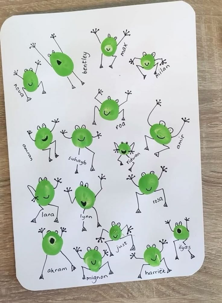 the frog family tree is made with green paper and watercolor pencils on a white board