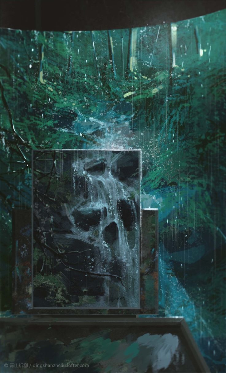 an abstract painting in the middle of a forest with water flowing from it's mouth