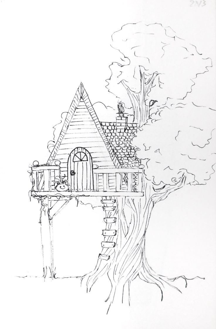 a drawing of a tree house in the woods