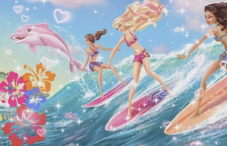 three girls on surfboards in the ocean with dolphins and dolphins behind them, one girl surfing