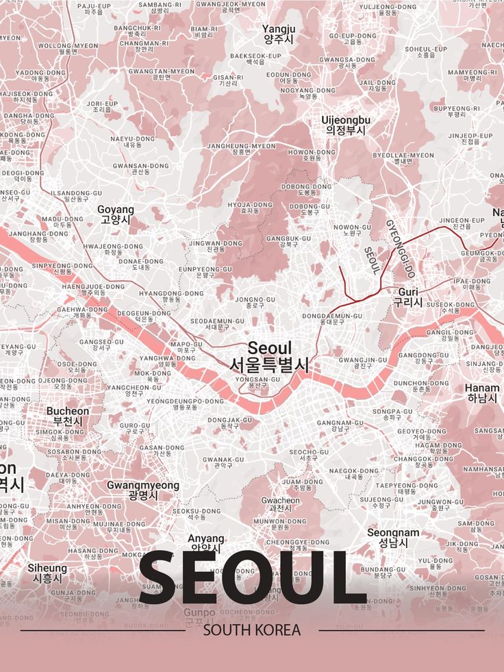 a map of seoul with the names of major streets and locations in red on it