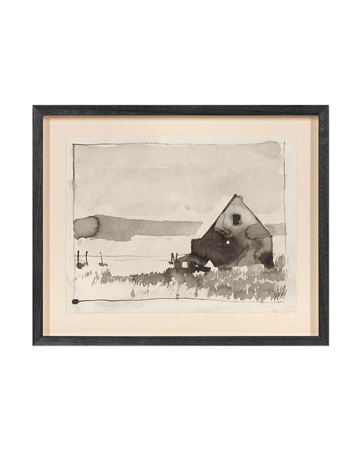 a black and white drawing of a barn in the distance with watercolors on paper