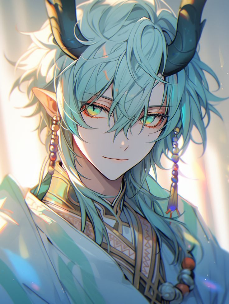 an anime character with blue hair and horns