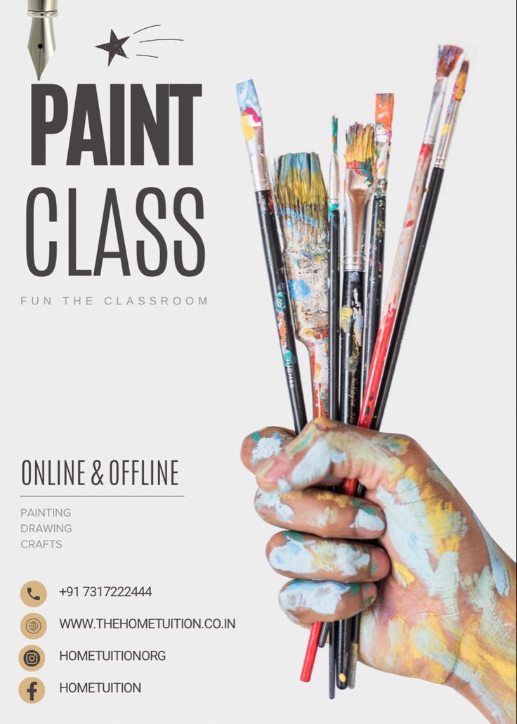 a person holding paint brushes in their hand with the words paint class written on it