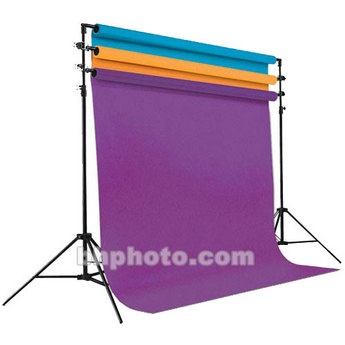 an image of a purple backdrop on a tripod with two blue and yellow poles