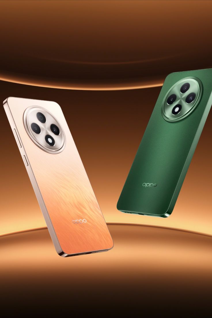 two green and gold cell phones next to each other on a brown background with the same color