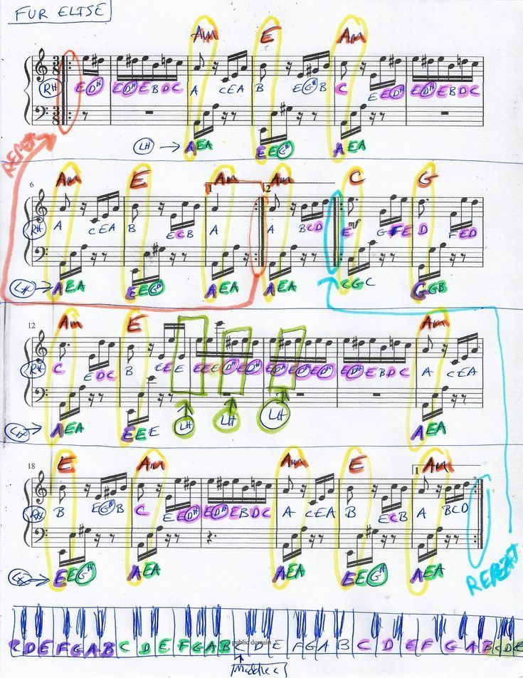 an image of sheet music with notes and numbers on it, all written in different colors