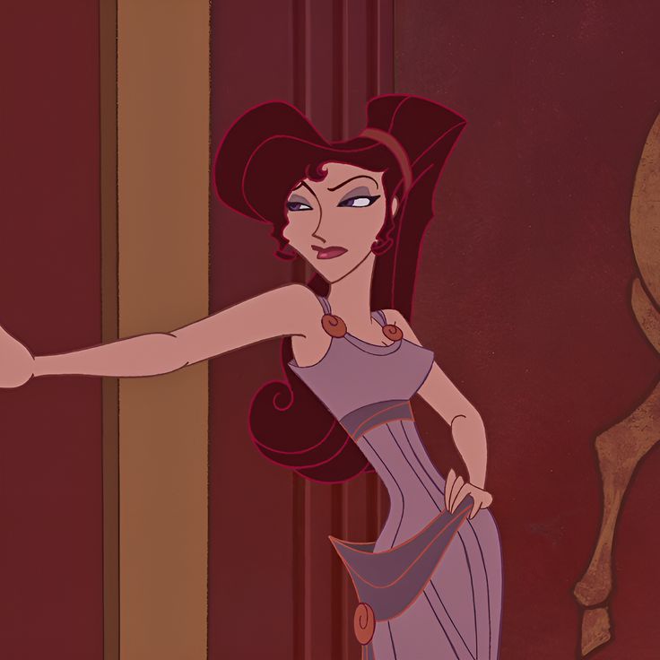 an animated image of a woman in a purple dress pointing at something on the wall