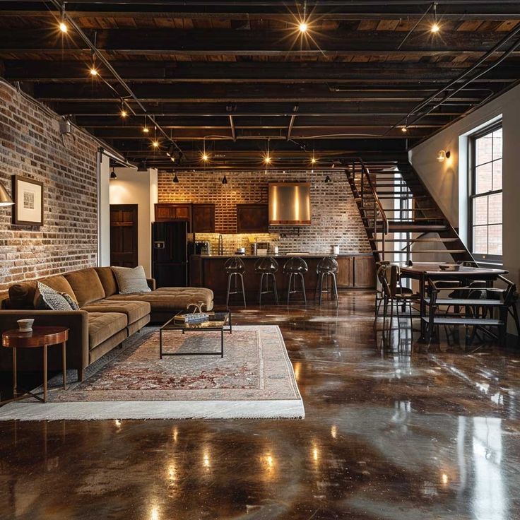 a living room filled with furniture next to a brick wall