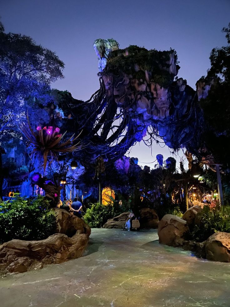 the entrance to an amusement park at night with trees and rocks in front of it