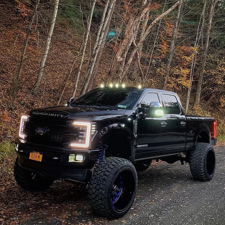 a black pickup truck parked on the side of a road in front of some trees