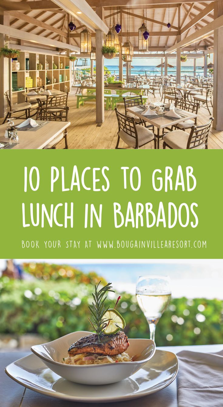 an outdoor dining area with tables and chairs in front of the ocean, text overlay reads 10 places to grab lunch in barbados book your stay at wm